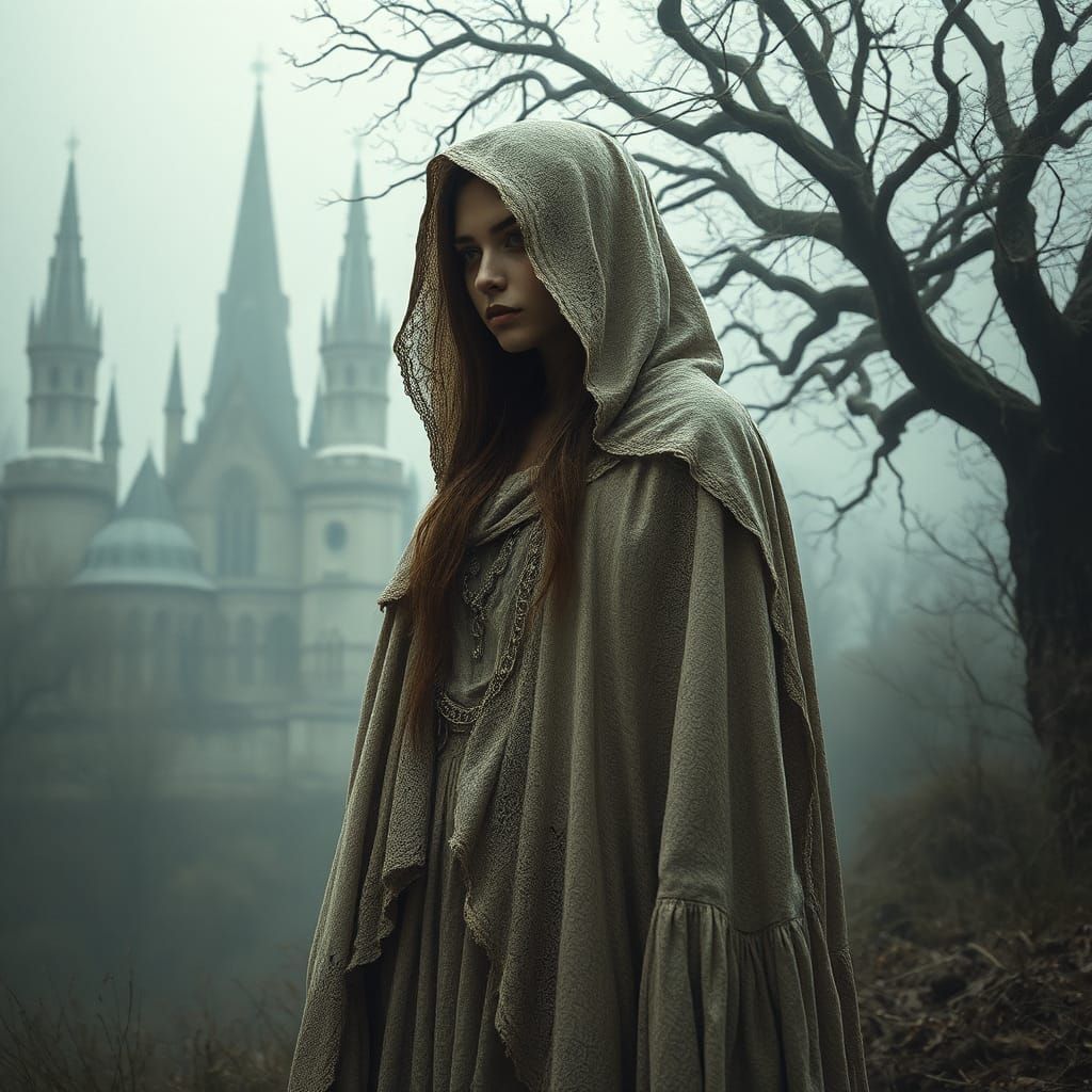 Ethereal Woman in Forgotten City, Atmospheric Art