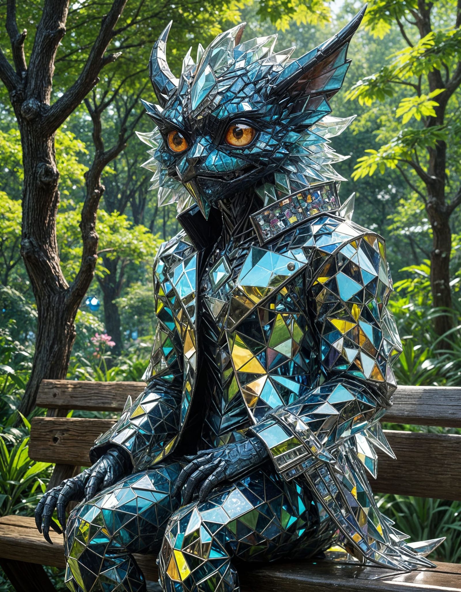Glass Gremlin Sits in a Vibrant Park Scene, Cyberpunk Digita...