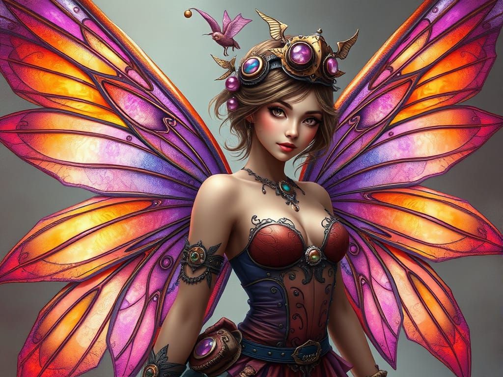 Steampunk Fairy Portrait with Shimmering Wings