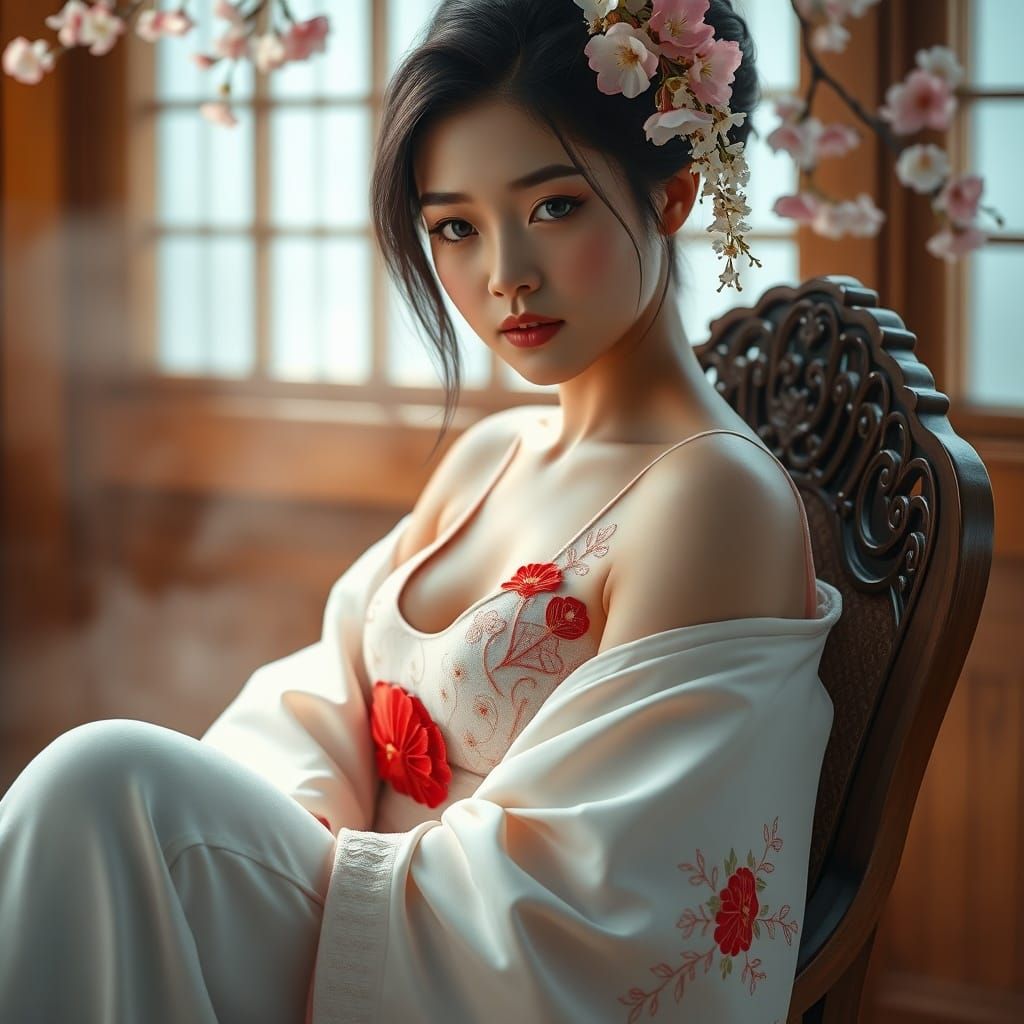Geisha in Modern Attire with Cherry Blossoms