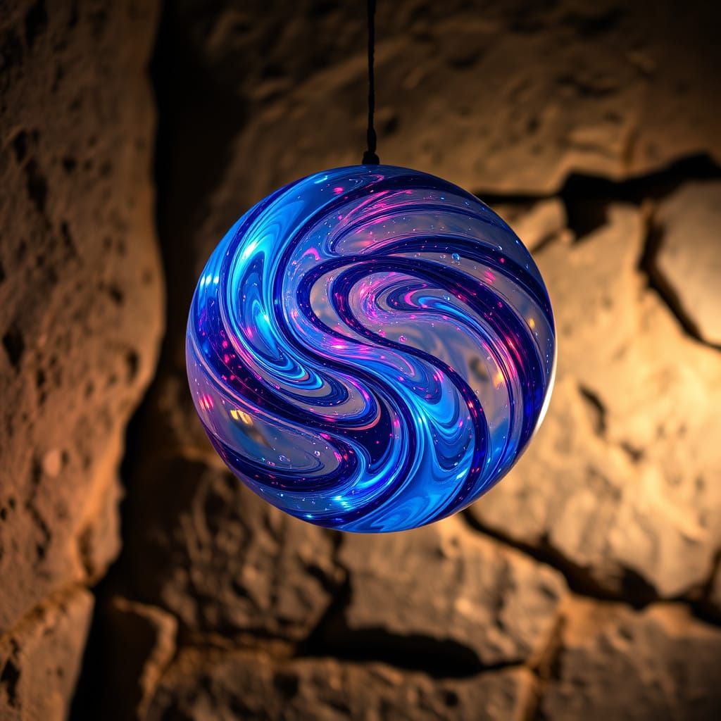 Crystal Orb With Blue and Red Glow on Ancient Stone