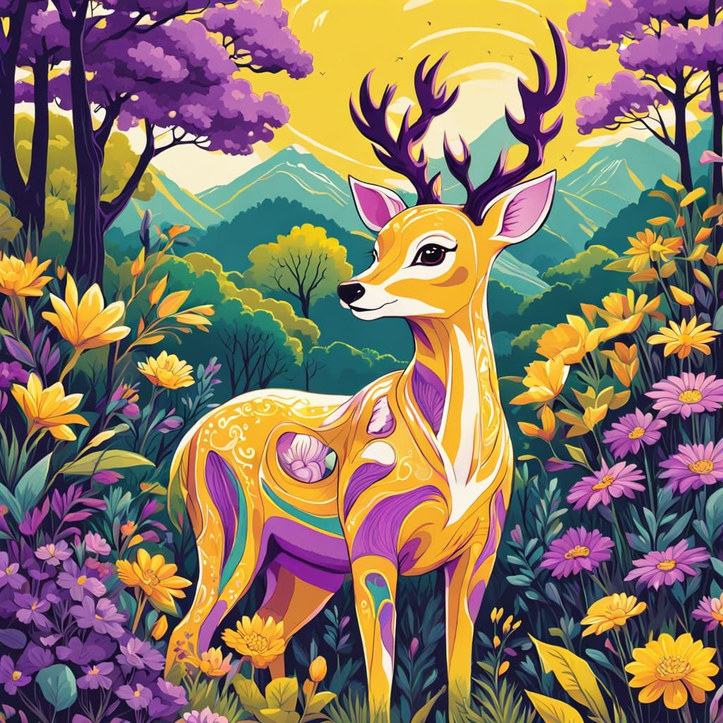 Vibrant Deer in Whimsical Field, Digital Art in Bold Style