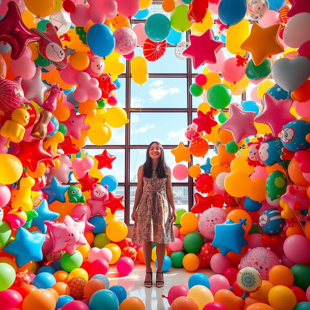 Woman in Playful Room with Balloons, Pop Surrealism