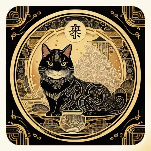 Whimsical Sumi-e Maneki-Neko Beckons from Vintage Tarot Card