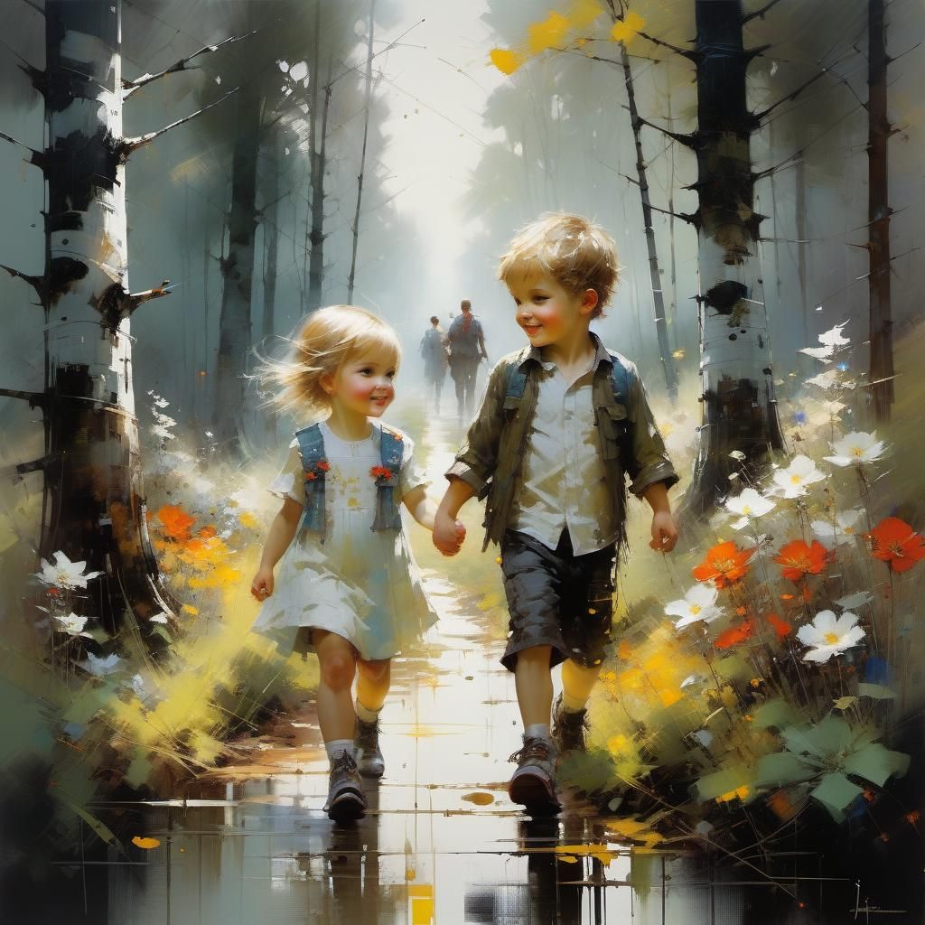 Toddler Siblings' Joyful Walk in the Woods