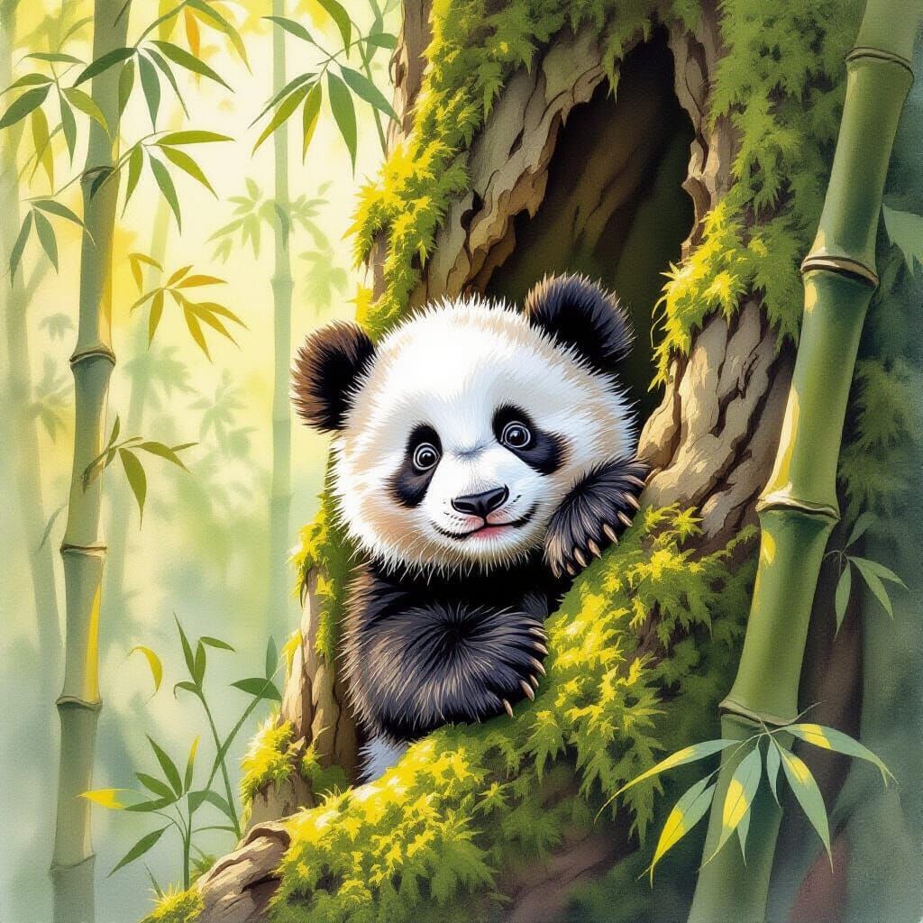 Playful Panda Cub in Bamboo Forest, Watercolor Style