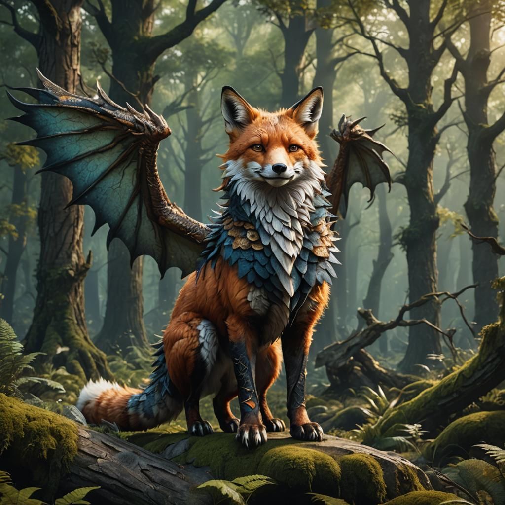 Fox and Dragon Hybrid in Forest, Fantasy Art