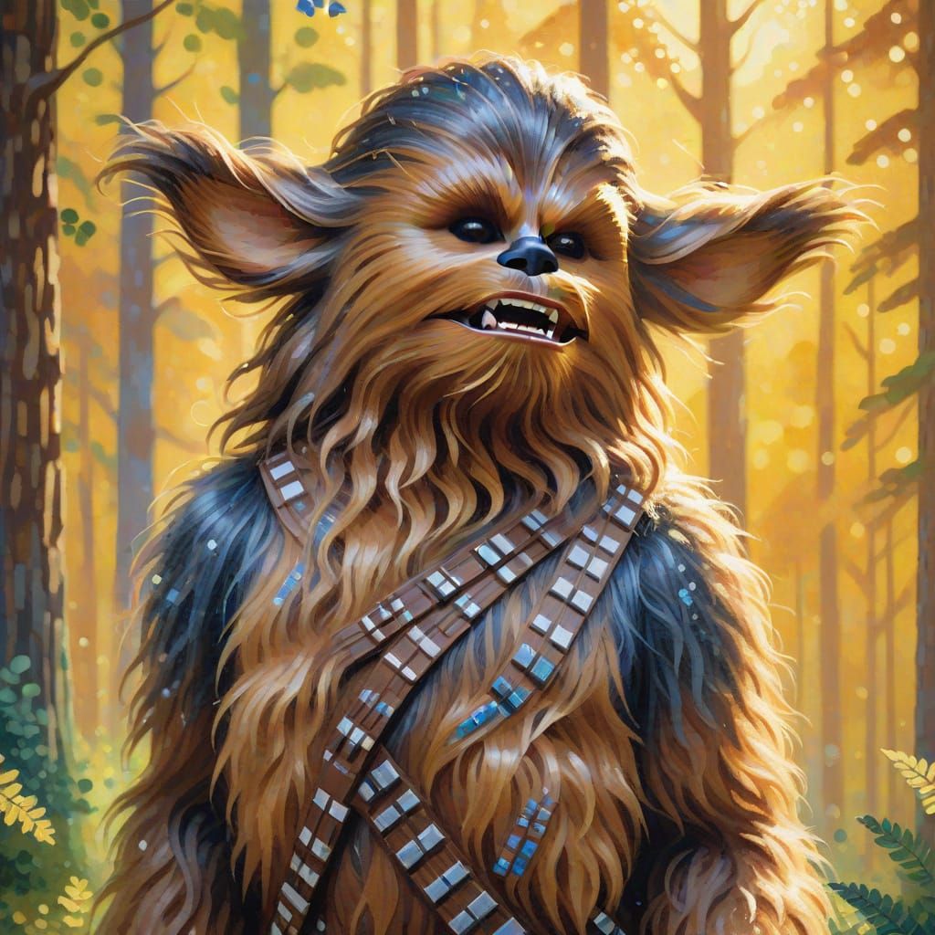 Chewbacca Roars in Forest as Pointillist Painting