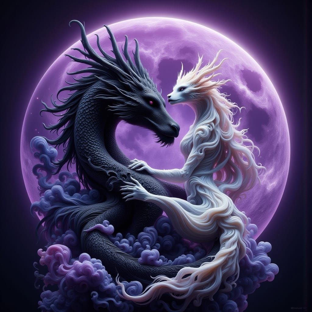 Entwined Dragons Under Purple Moon in 3D Anime Art