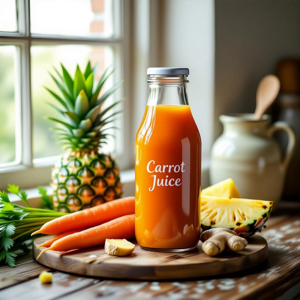 Fresh Carrot Juice Bottle with Ingredients Photorealistic