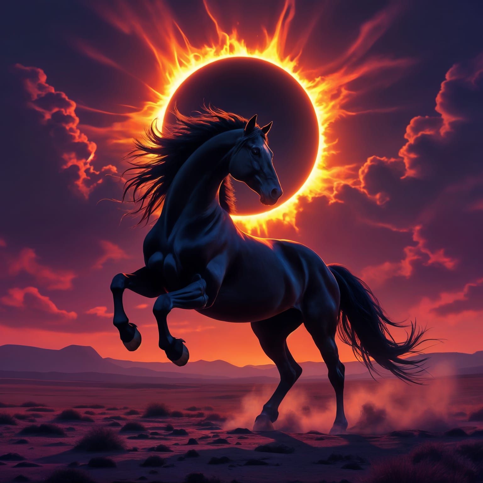 Majestic Stallion Under Solar Eclipse: Dark Fantasy Art