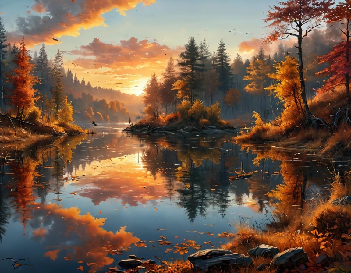Autumn Sunset Lake: Detailed Oil Painting