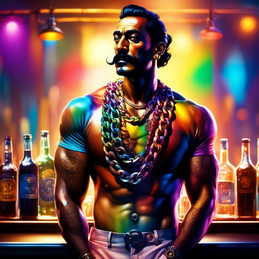 Hyperrealistic Portrait of Muscular Man in Bar