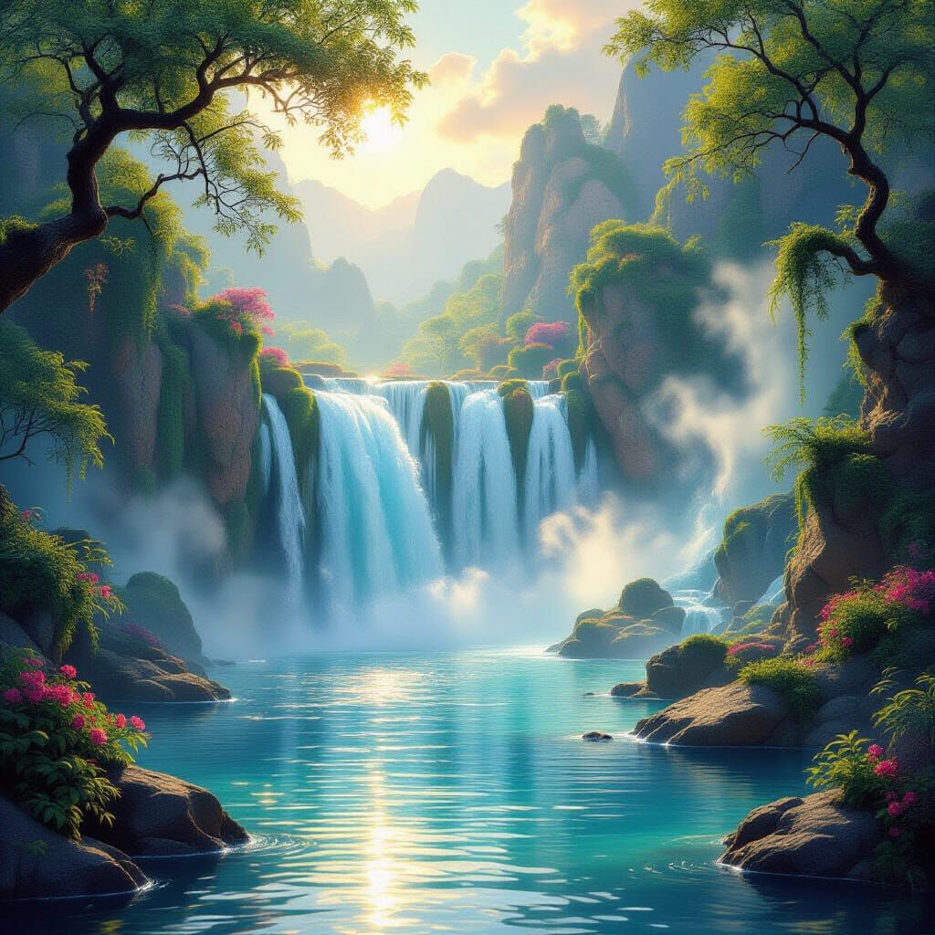 Majestic Waterfall in Golden Hour Light