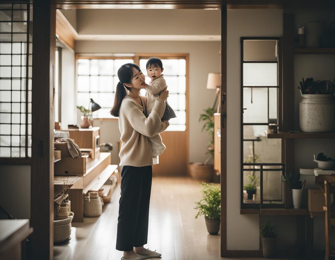 South Korean Mother and Daughter in Modern Home