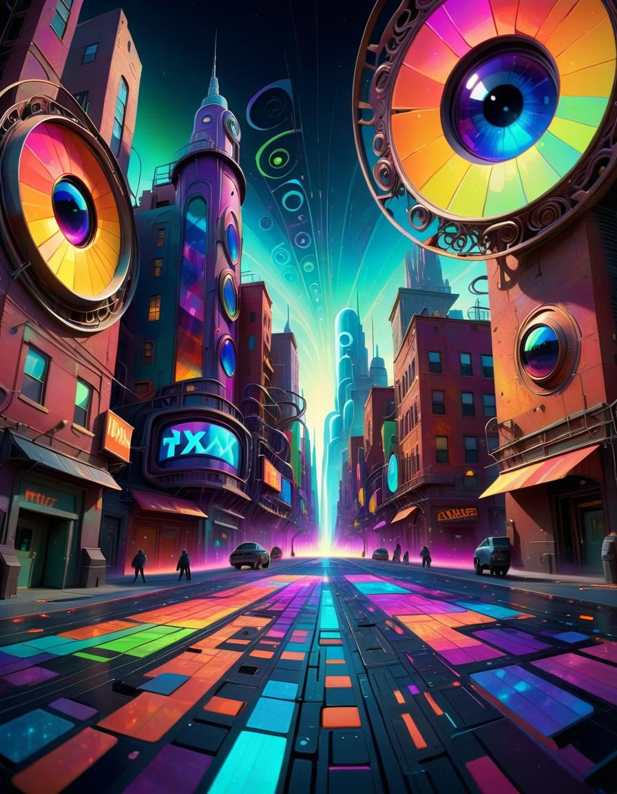 Mxmtoon in a Kaleidoscopic Cyberpunk Cityscape
