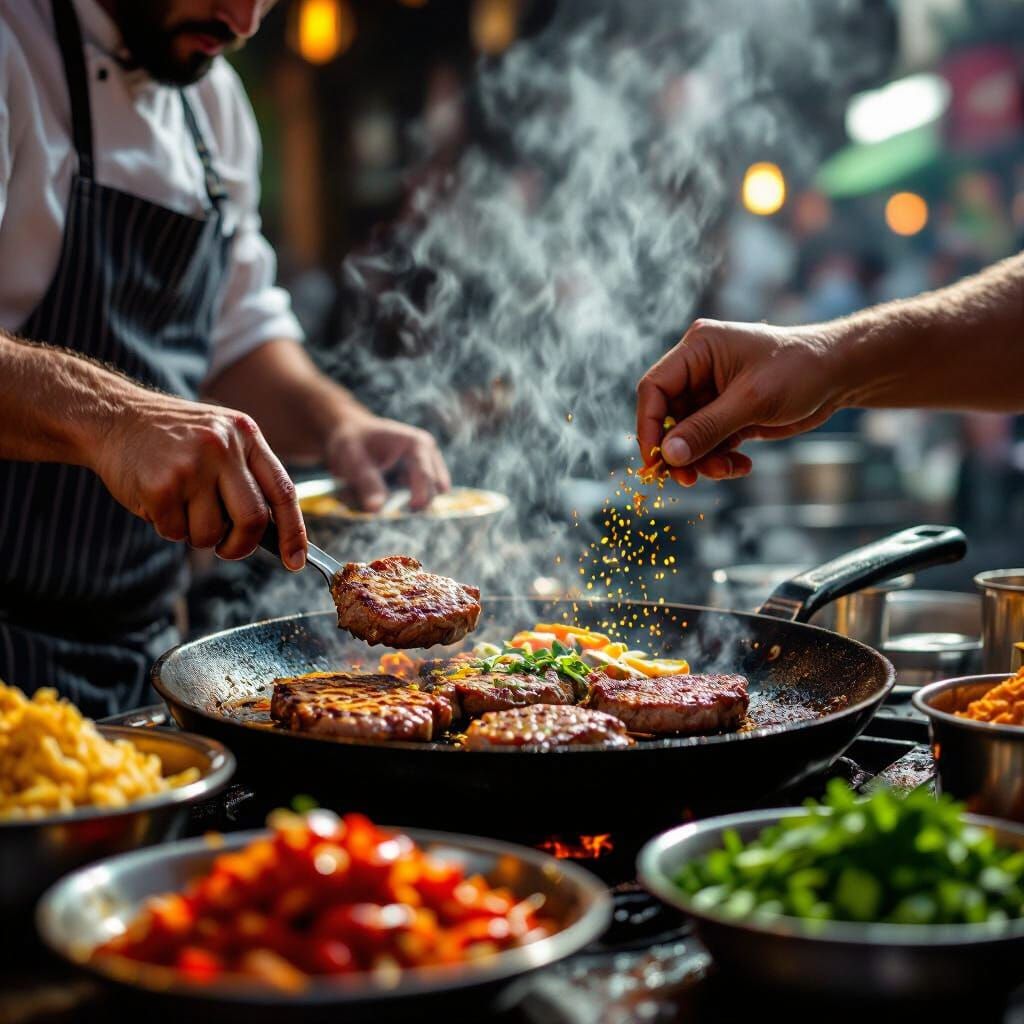 Hyperrealistic Street Food Scene with Grilled Meat