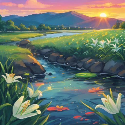 Lilies at Sunset by the River