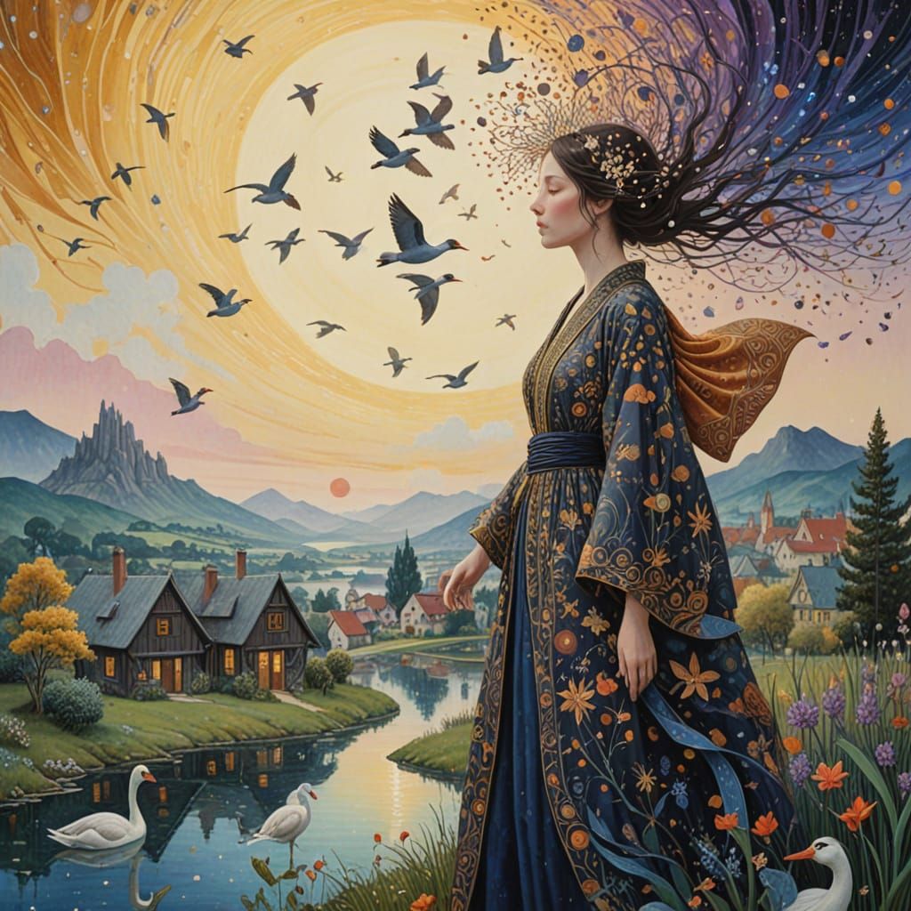 Ethereal Woman's Transformation into Birds