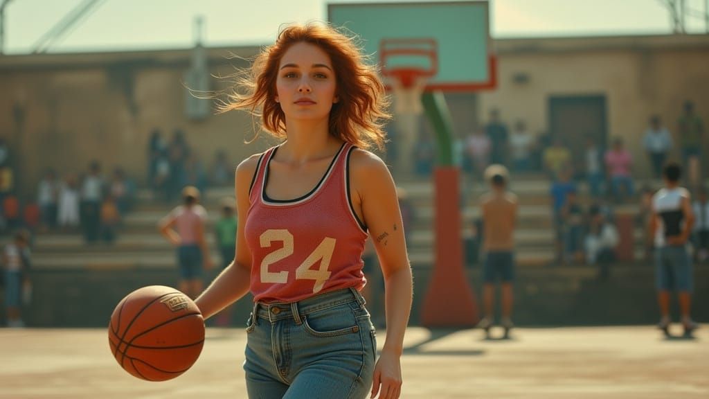 Voluptuous Redhead Dribbling Basketball in Vintage Photo Sty...