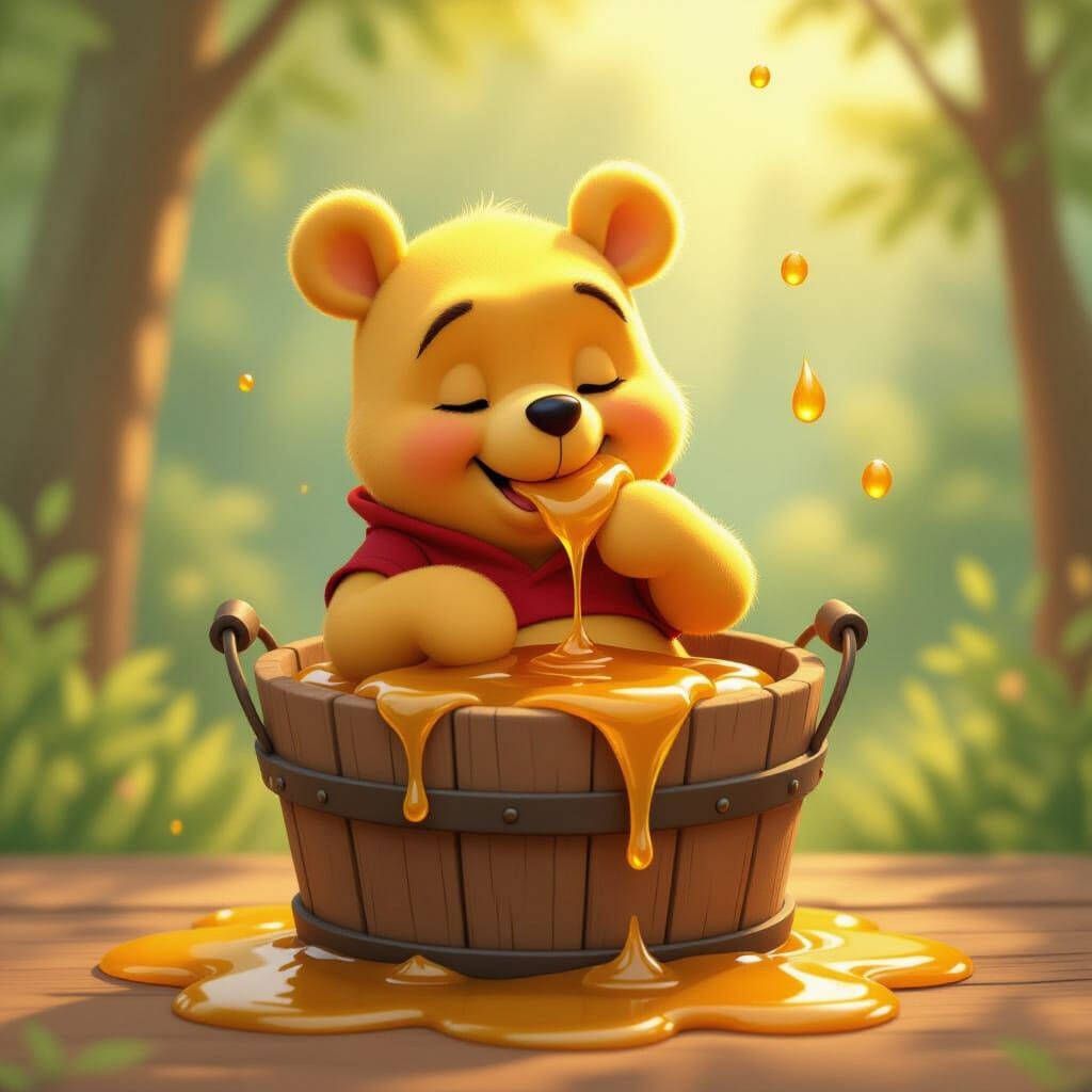 Adorable Baby Pooh Eating Honey in Pixar Style