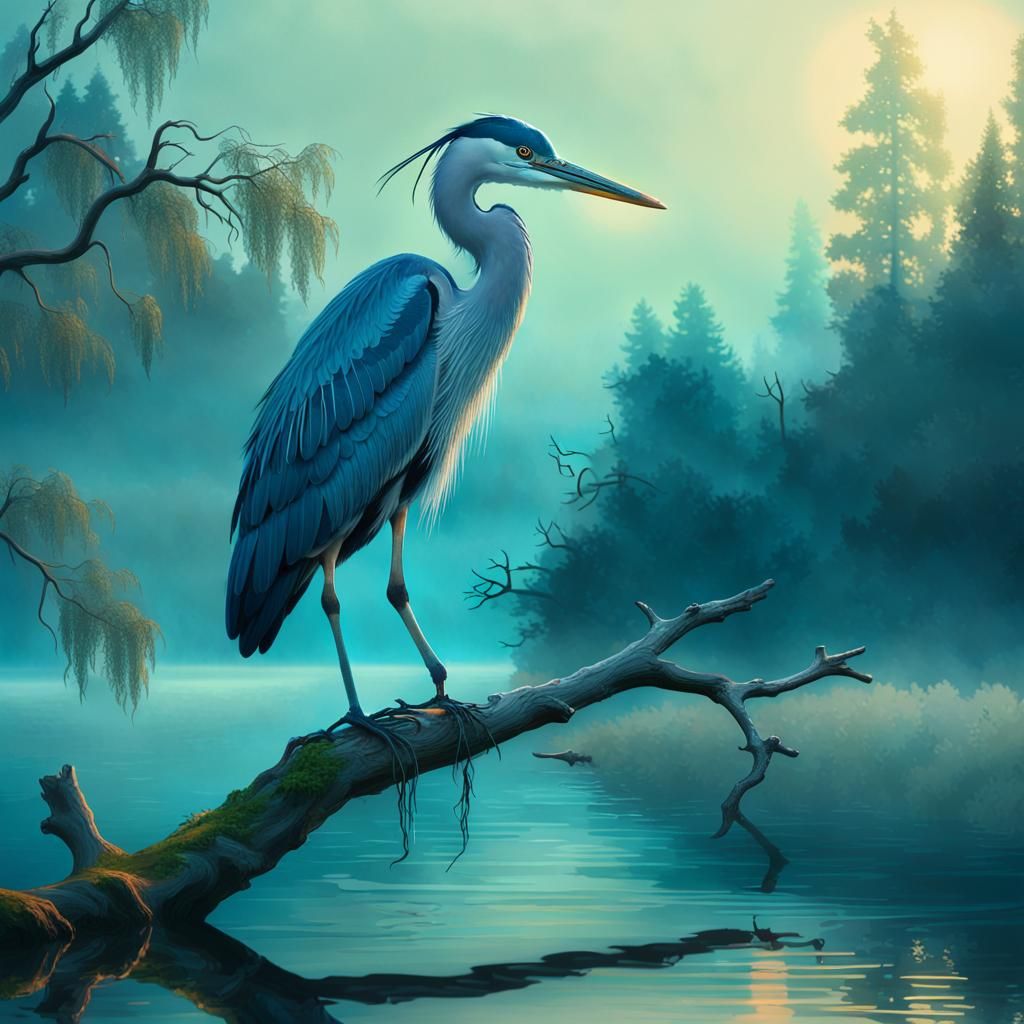 Glowing Heron Perched on Mystical Tree Branch