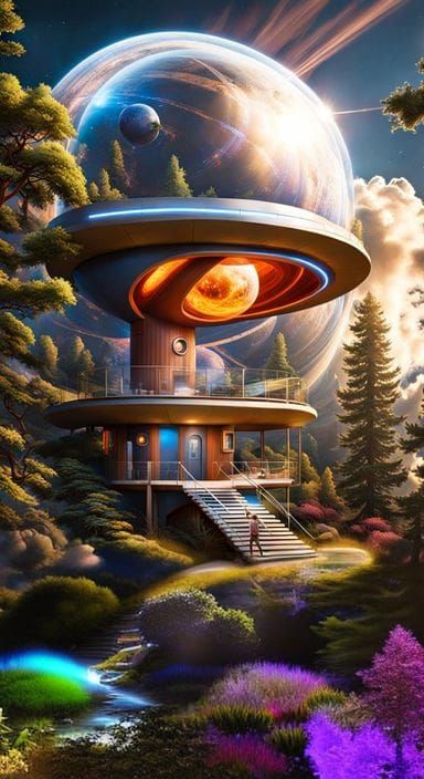Cottage Spaceship Orbiting Alien Planet in Photorealistic St...