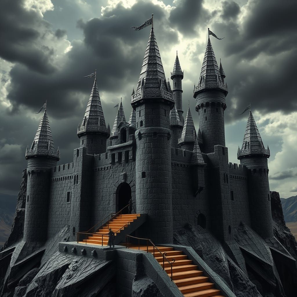 Intricate Pencil Castle Under Stormy Sky