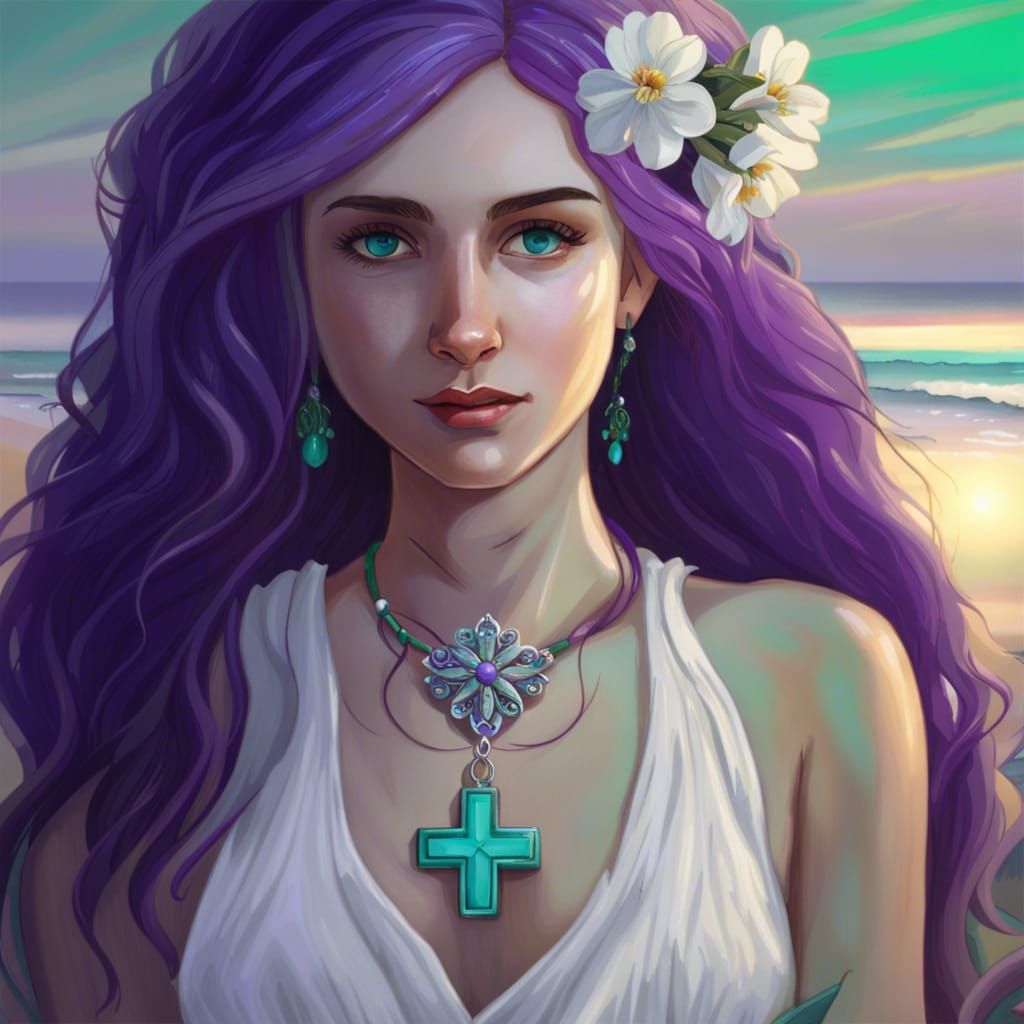 Purple Haired Girl with Turquoise Cross Pendant
