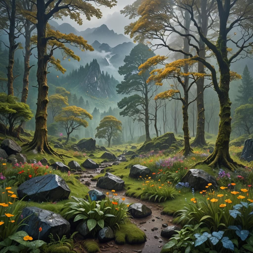 Tranquil Forest Glade in Rain: a Surreal Landscape