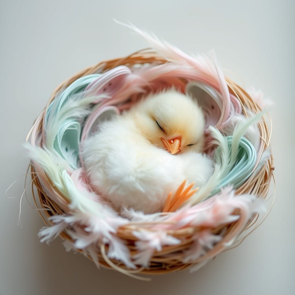 Whimsical Bird Chick Slumbers in Pastel Feather Nest