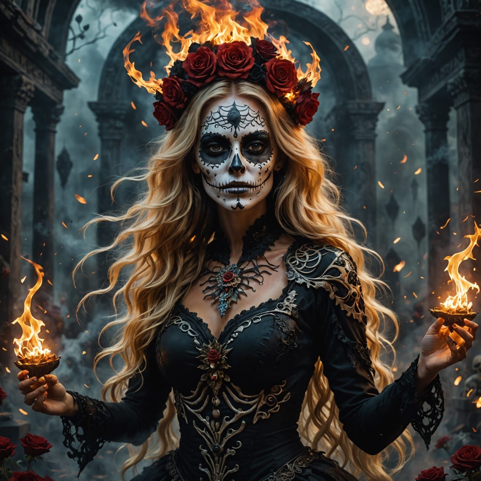 Surreal Goddess of the Day of the Dead in a Fiery Galactic R...