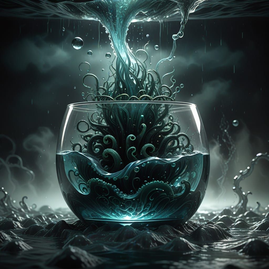 Cinematic Dark Fantasy Glass Container in Turbulent Waves