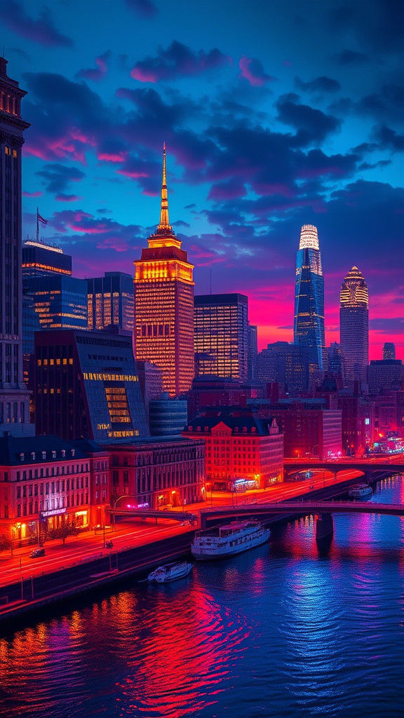 Boston skyline lit in vibrant colors Digital download