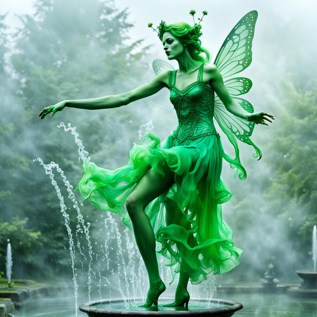Green Absinthe Fairy Dancing on Misty Fountain