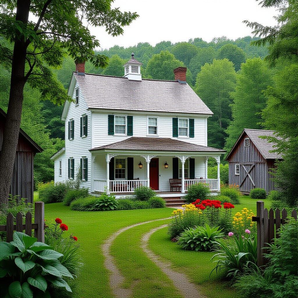 Vermont House with Garden in Watercolor Style