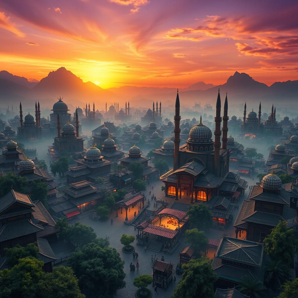 Golden Sunset Over Ancient Alibaba Cityscape