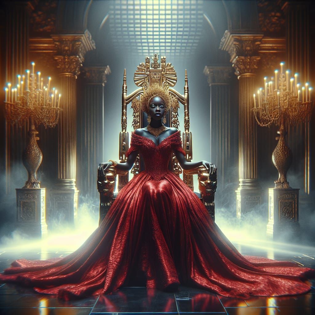 African Queen in Red Dress on Golden Throne