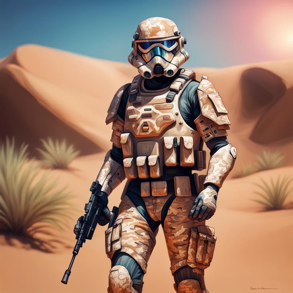 Camouflaged Desert Trooper in Hyperrealistic Style