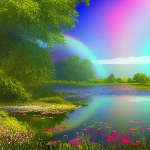 Rainbow Over English Pond: Hyperrealistic Summer Landscape