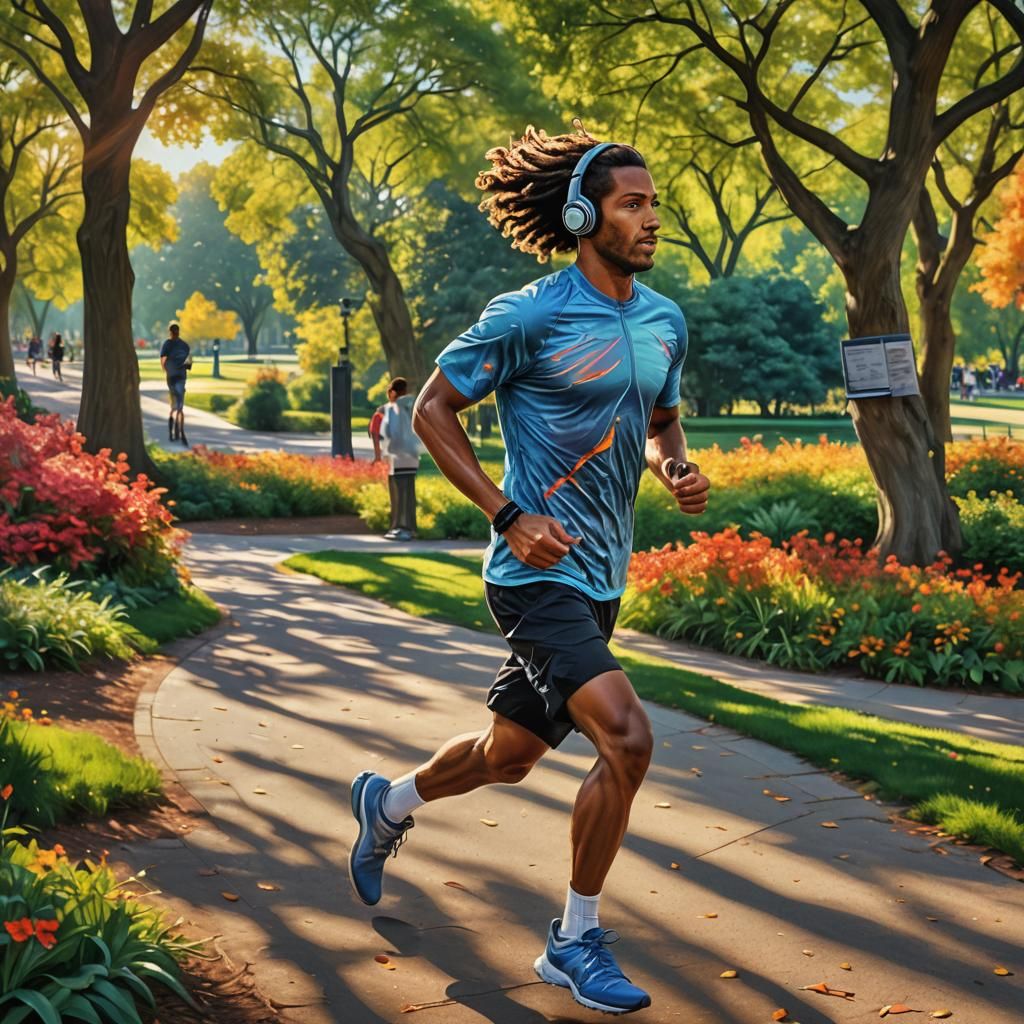Hyperrealistic Jogger in Sun-Dappled Park with Music