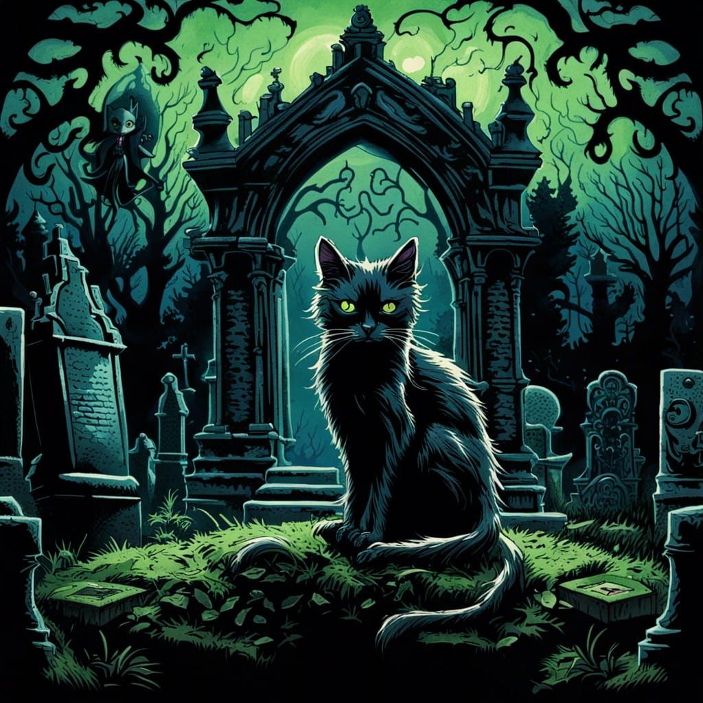 Gothic Black Cat in Victorian Graveyard