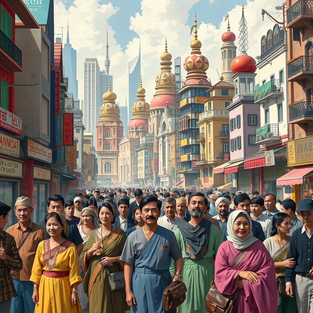 Diverse Cultures in a Futuristic Cityscape