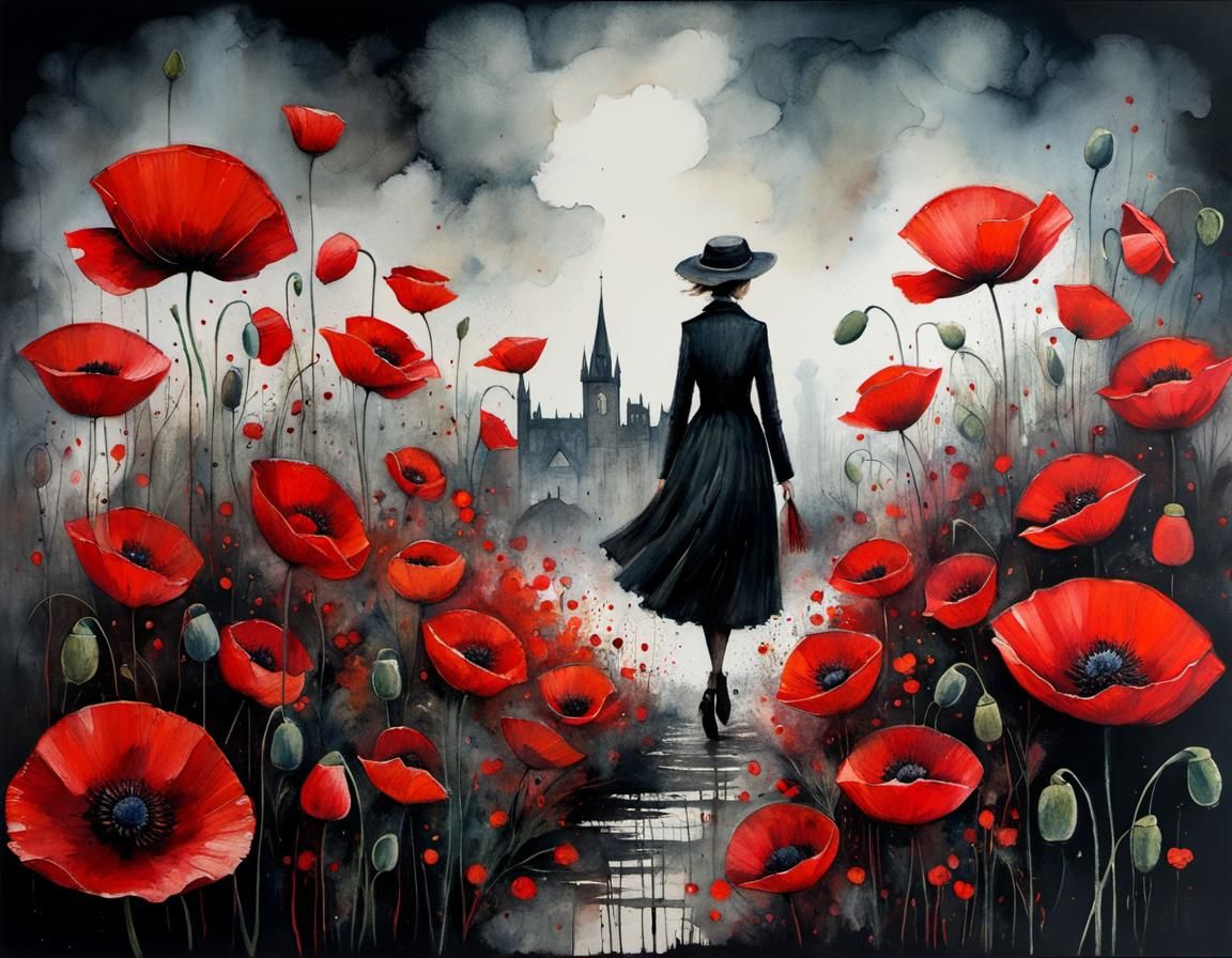 Dancing with Poppies: A Whimsical Alcohol Ink Illustration