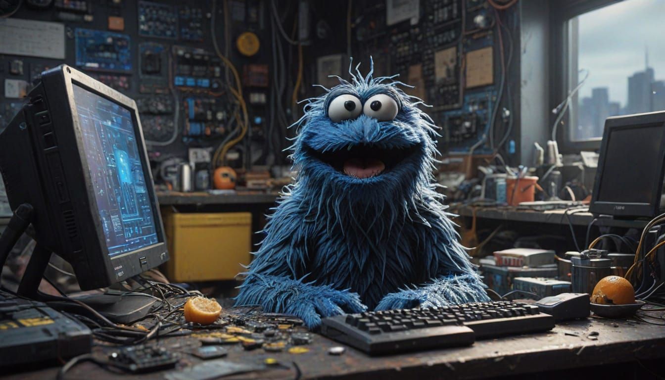 Cyberpunk Cookie Monster in Moody, Apocalyptic Scene
