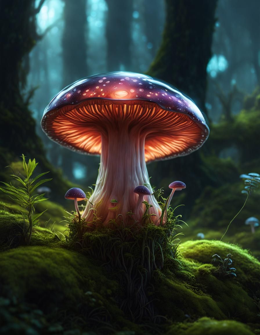 Laughing Alien Mushroom Creature in Mossy Landscape