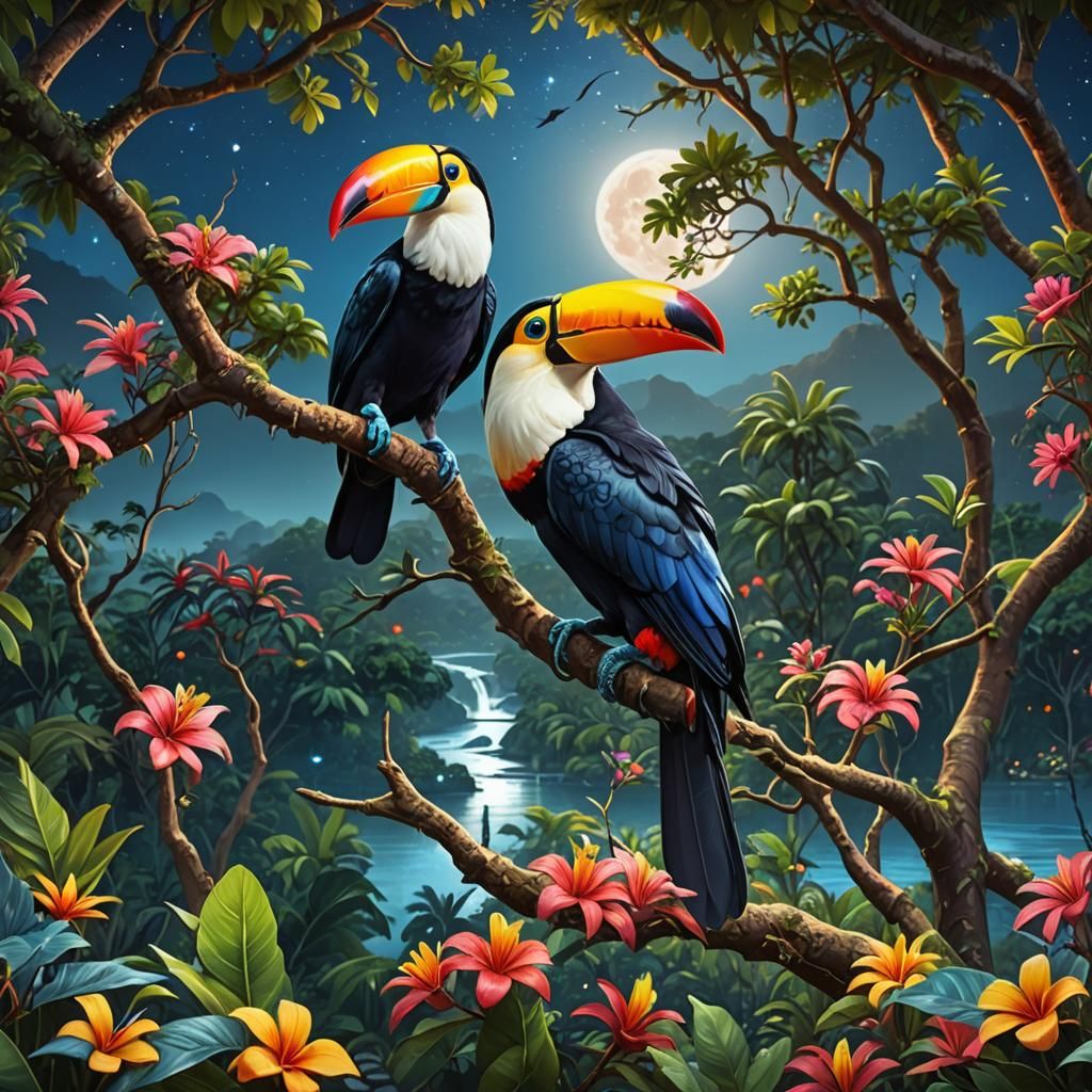 Colorful Toucan in a Tropical Moonlit Scene