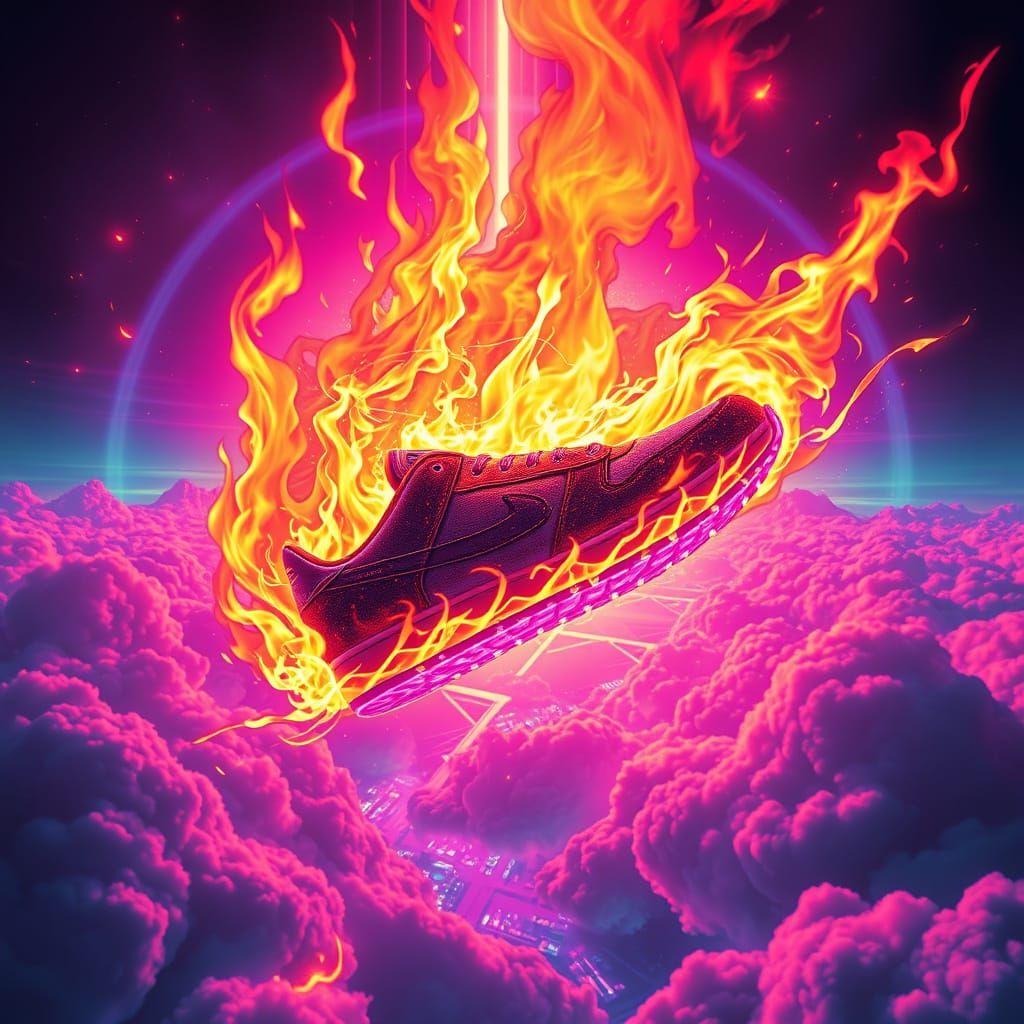 Fiery Sneaker Soars Through Neon Synthwave Sky