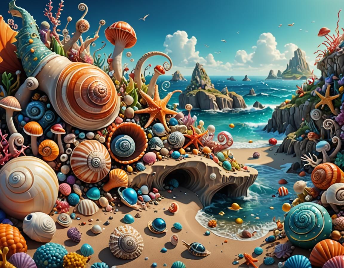 Surreal Shore with Exotic Creatures: 3D Digital Art