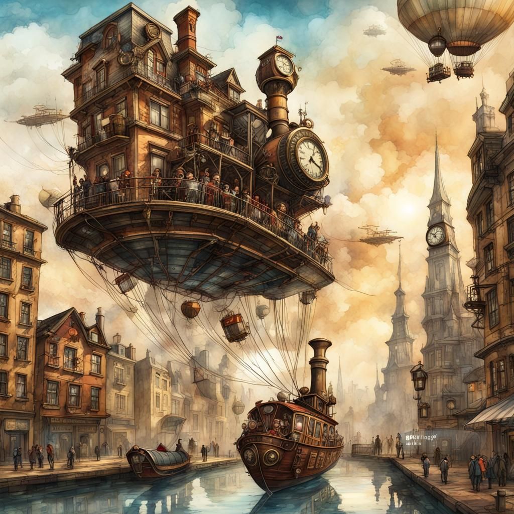 Steampunk Dirigible Over City on Watercolor Paper